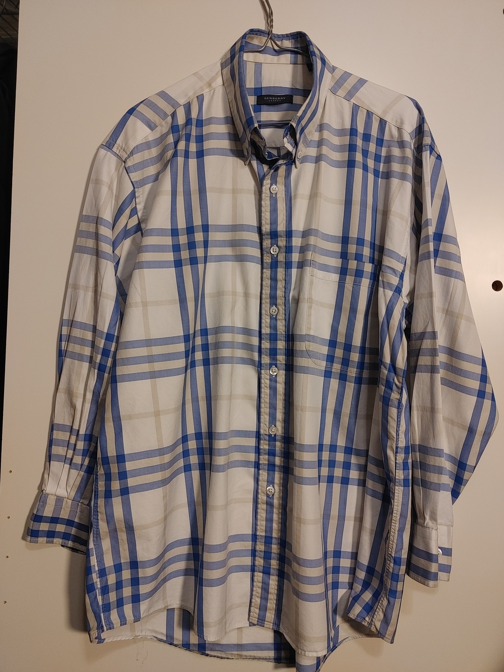 Burberry Blue and White Plaid Button-Down Dress Shirt